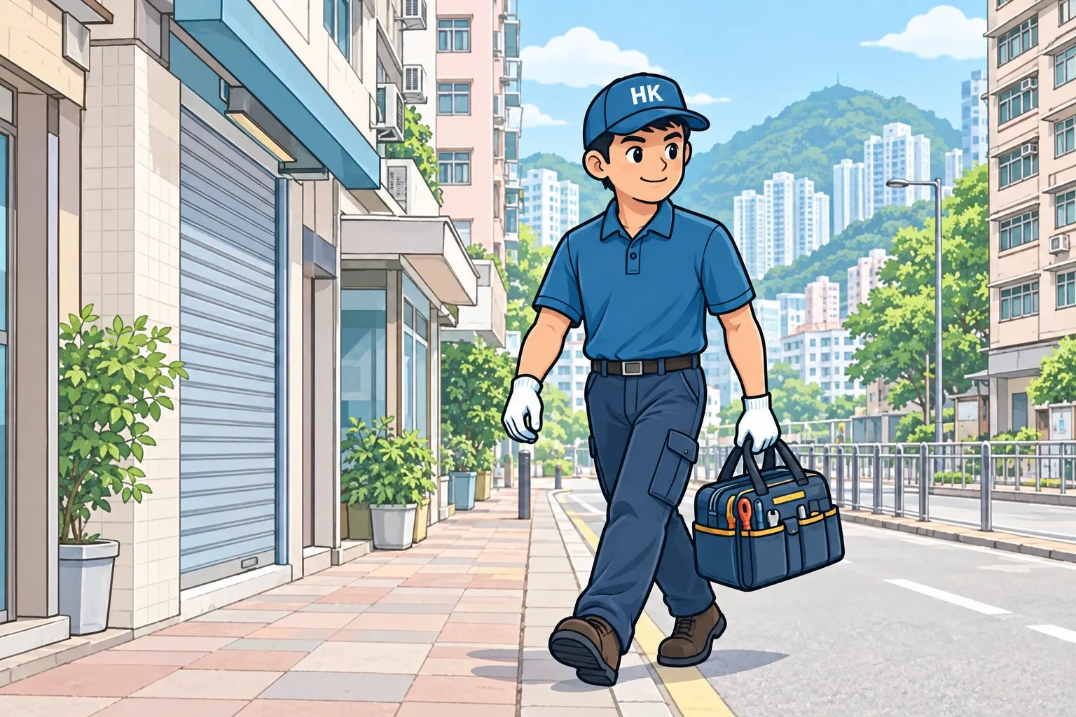 師傅帶住通渠設備行過香港住宅街道