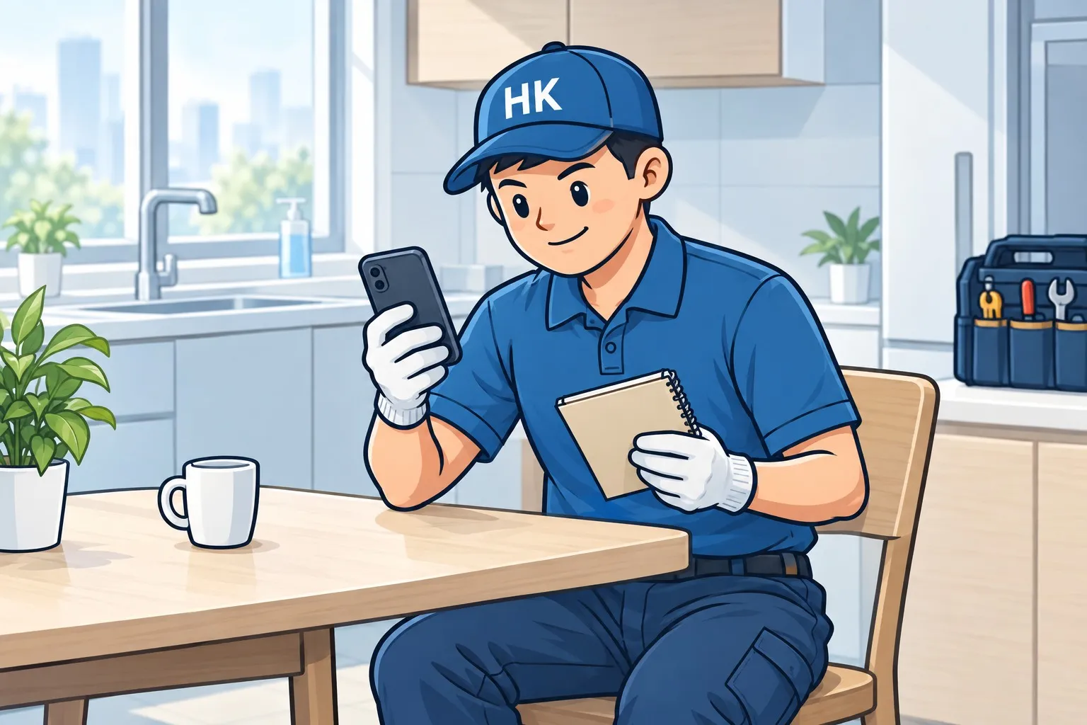 師傅用手機了解查詢並記錄現場資料