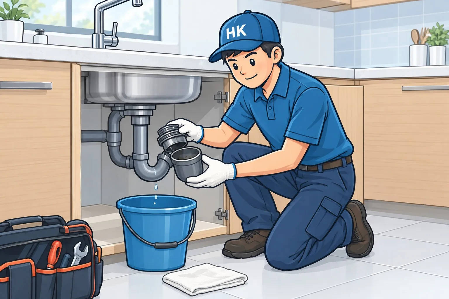 師傅處理廚房鋅盤去水喉